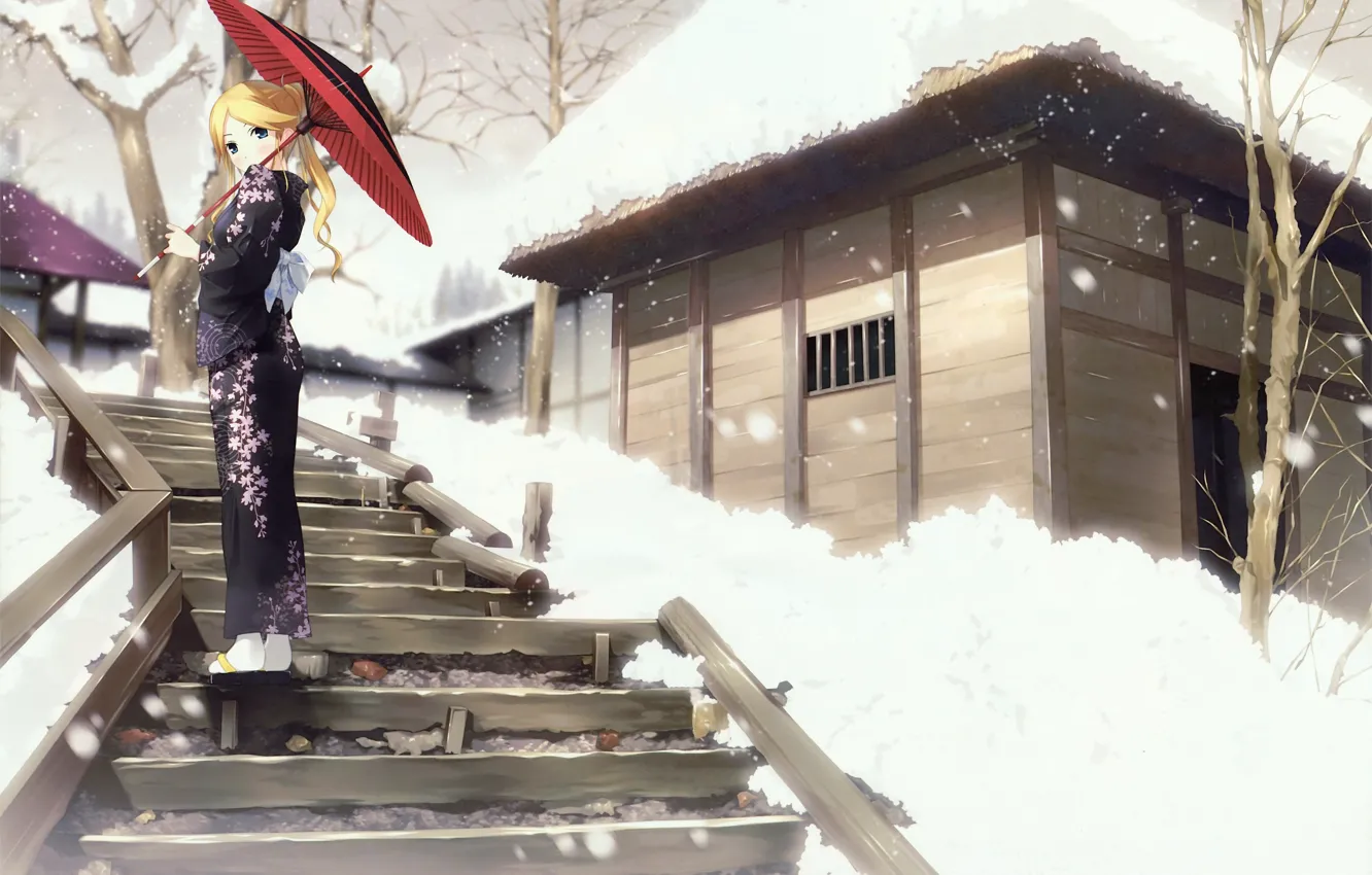 Photo wallpaper winter, snow, umbrella, Japan, ladder, kimono, art, wooden house