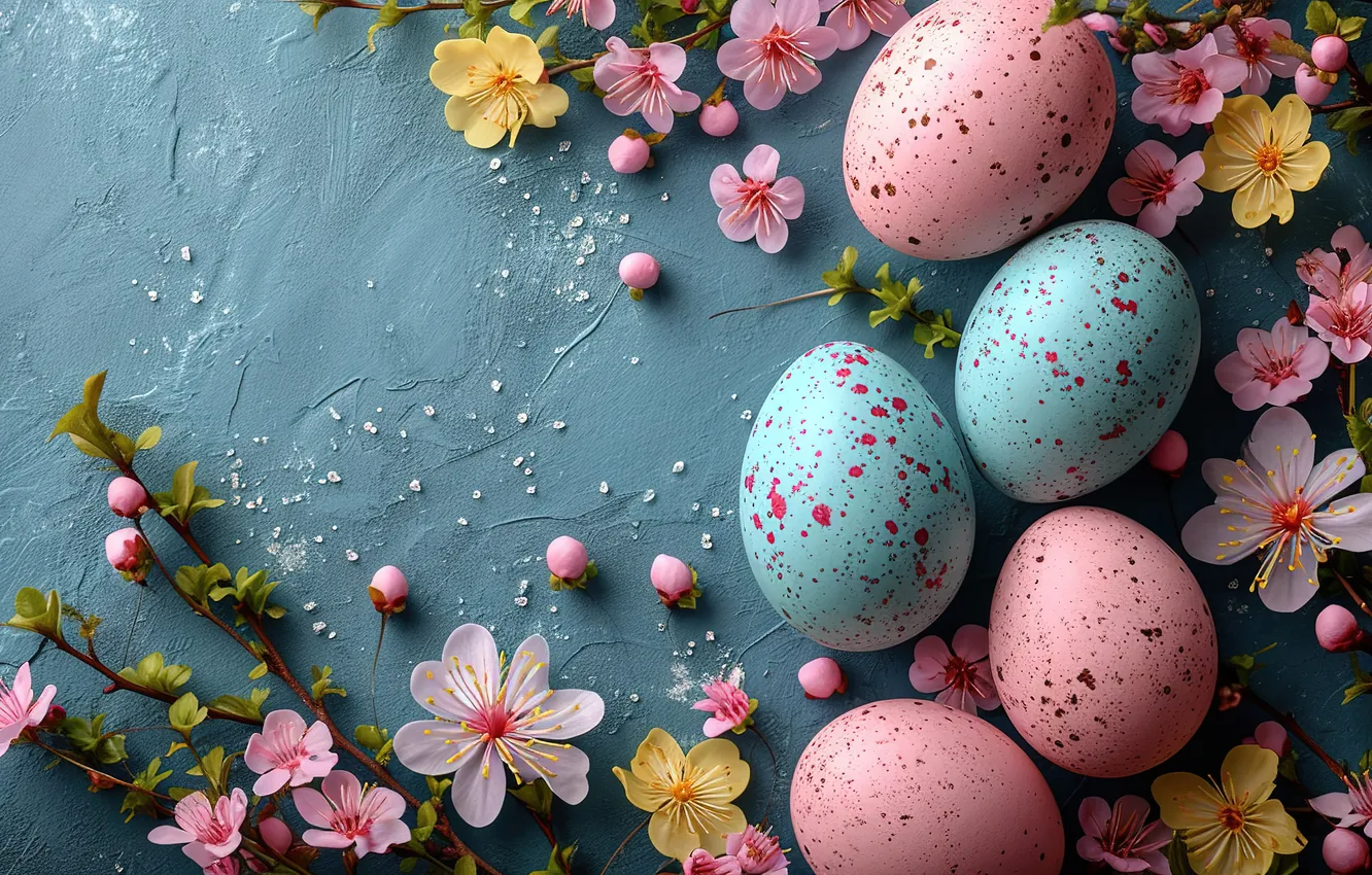 Photo wallpaper flowers, eggs, spring, colorful, Easter, pink, blossom, flowers