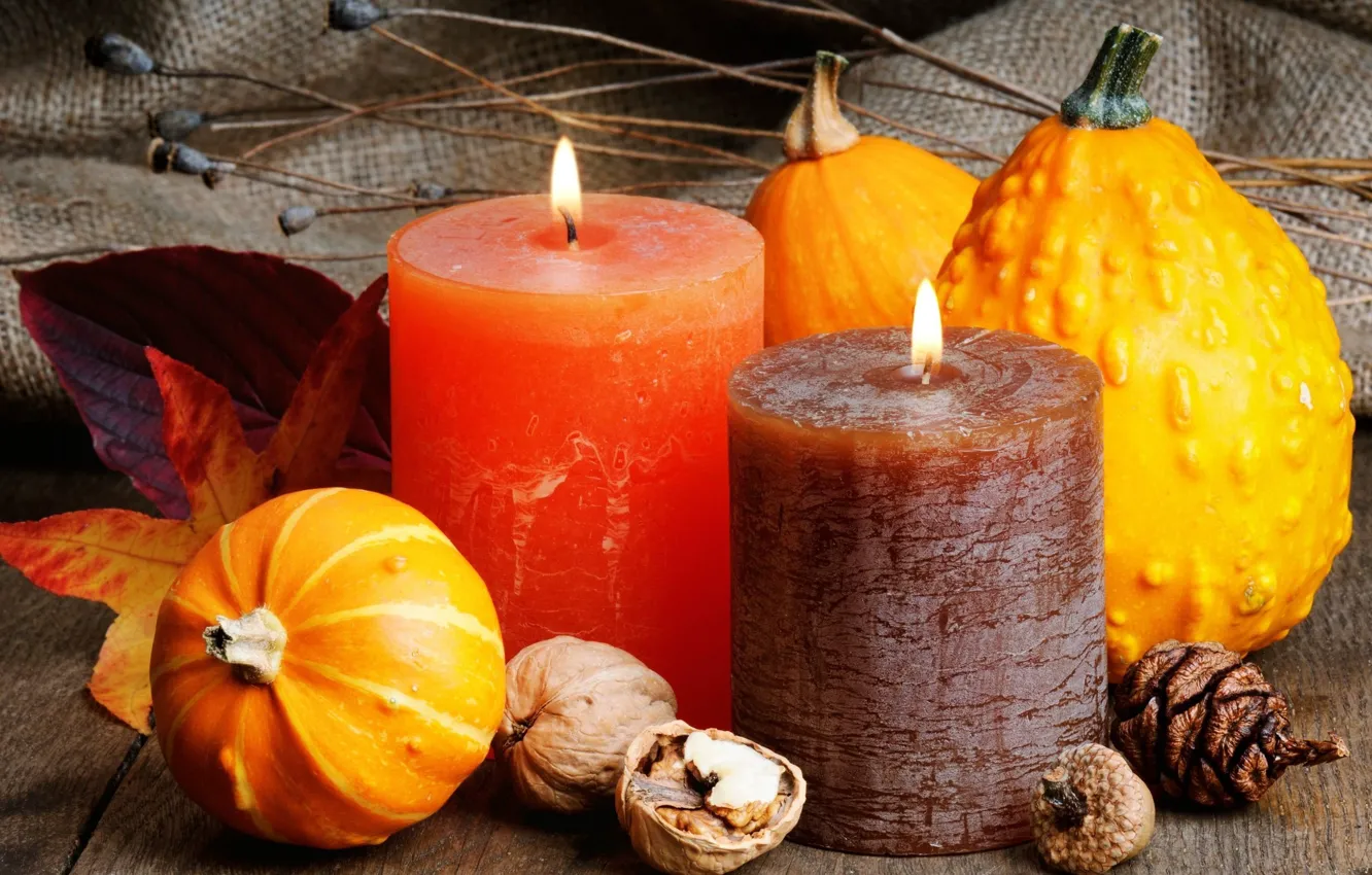 Photo wallpaper leaves, candles, pumpkin, nuts