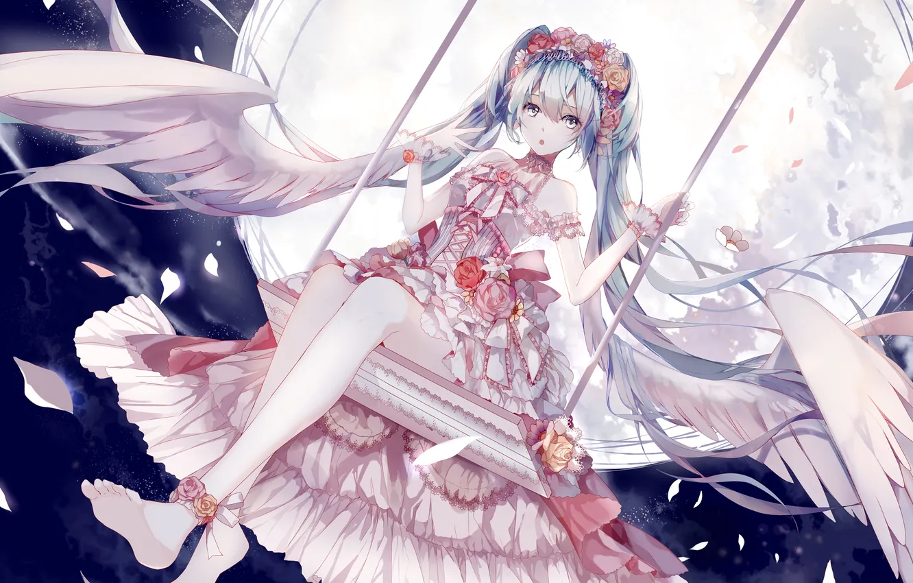 Photo wallpaper look, girl, swing, the moon, wings, surprise, vocaloid, hatsune miku