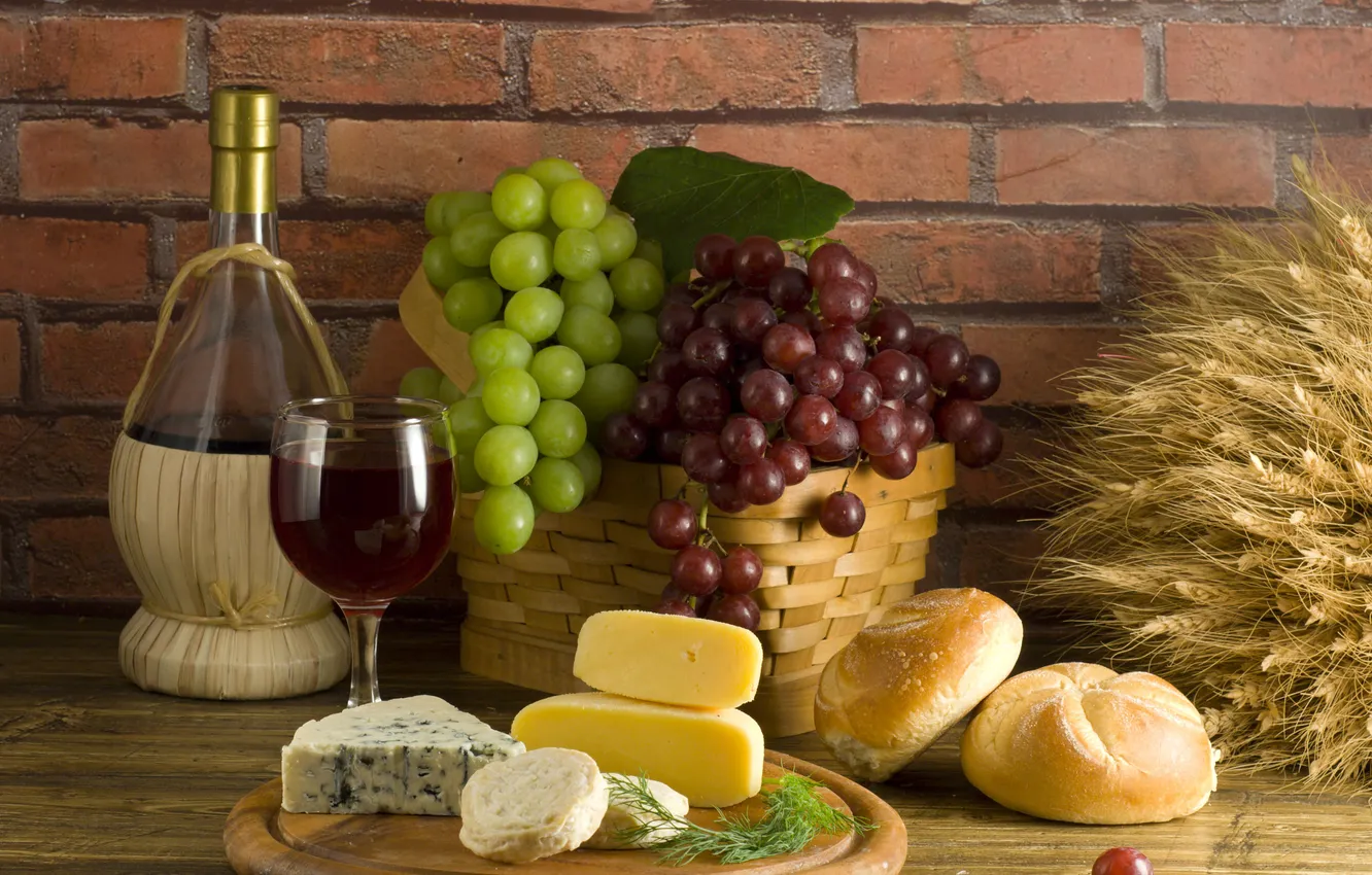 Photo wallpaper wine, basket, glass, bottle, cheese, bread, grapes, ears