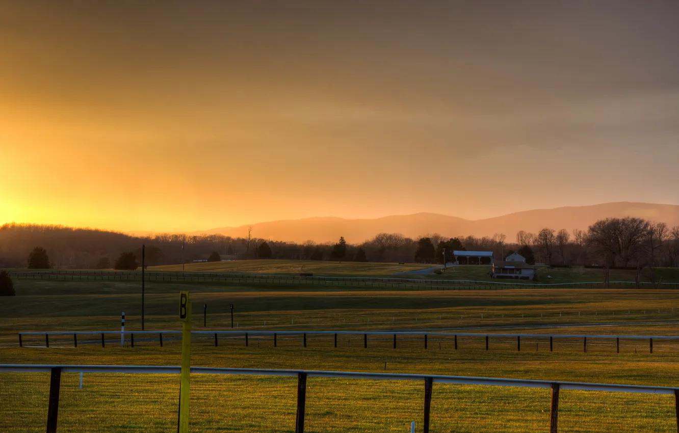 Photo wallpaper field, landscape, sunset, the fence
