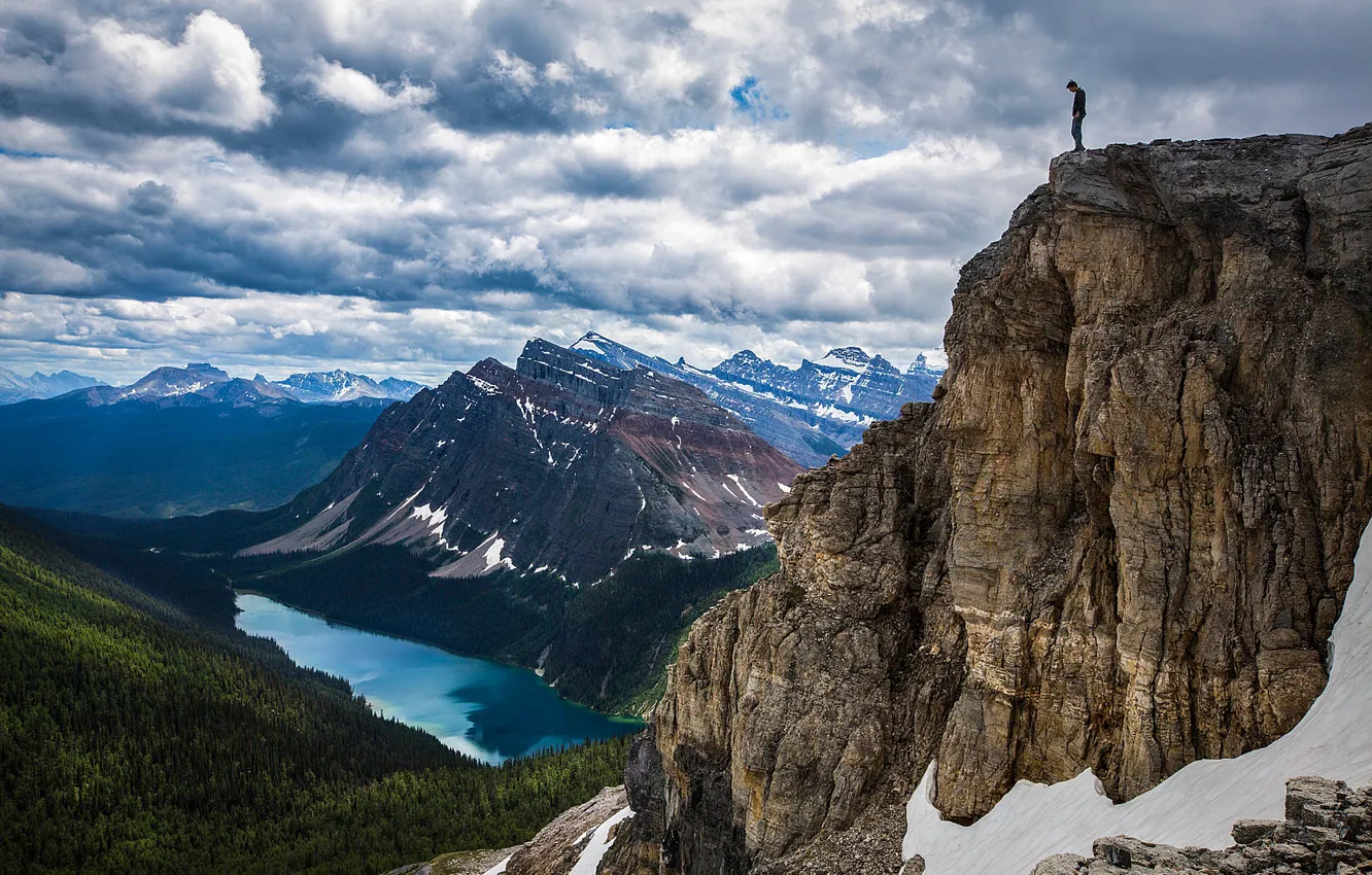 Photo wallpaper forest, clouds, mountains, lake, rocks, people, height, Banff National Park