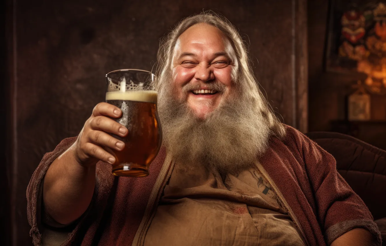 Photo wallpaper glass, beer, joy, beard, fat man