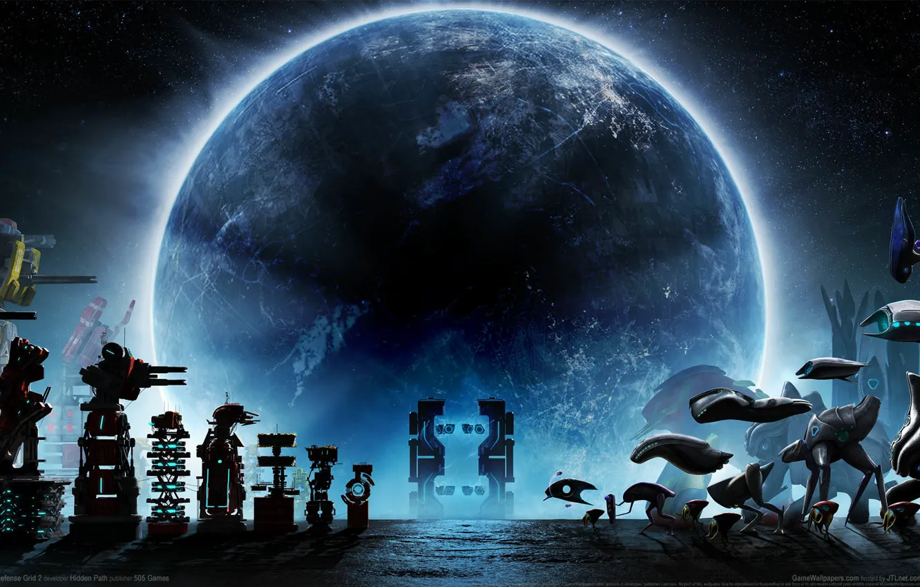 Photo wallpaper the sky, night, mechanism, planet, game wallpapers, Defense Grid 2