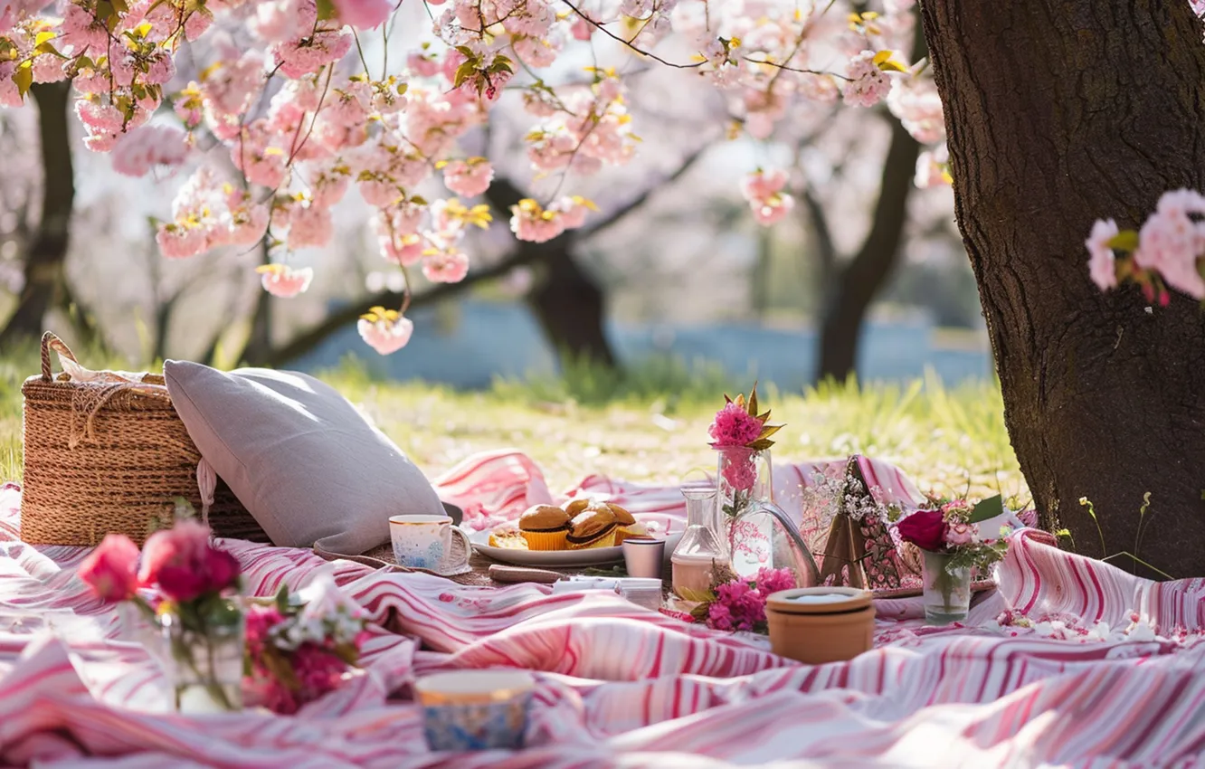Photo wallpaper trees, Park, spring, Sakura, picnic, flowering, trees, pink