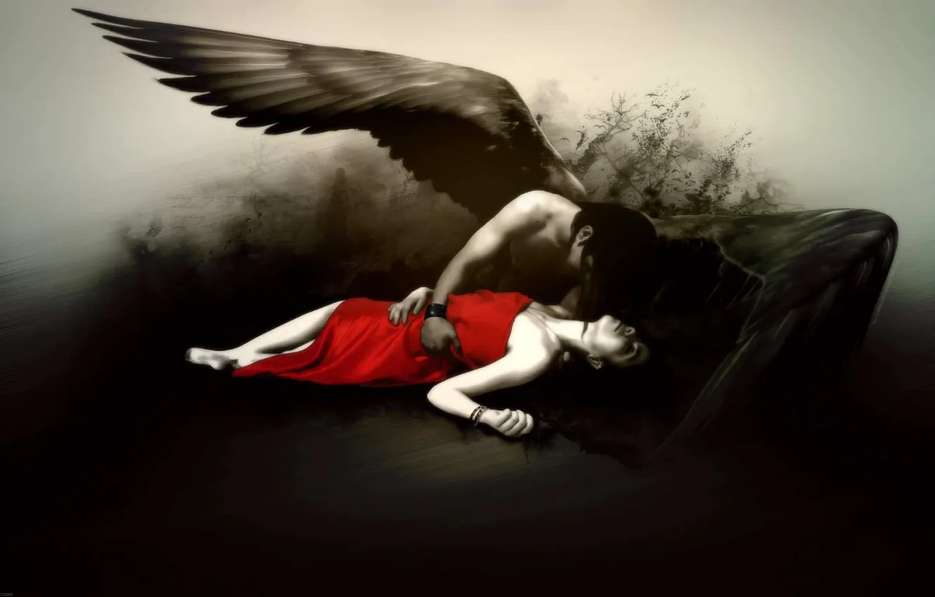 Photo wallpaper girl, angel, black and white, red dress