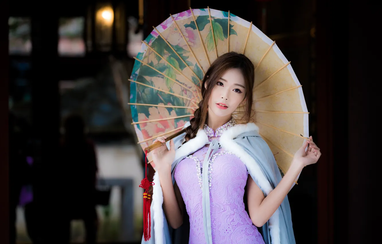 Photo wallpaper girl, umbrella, Asian, Cape