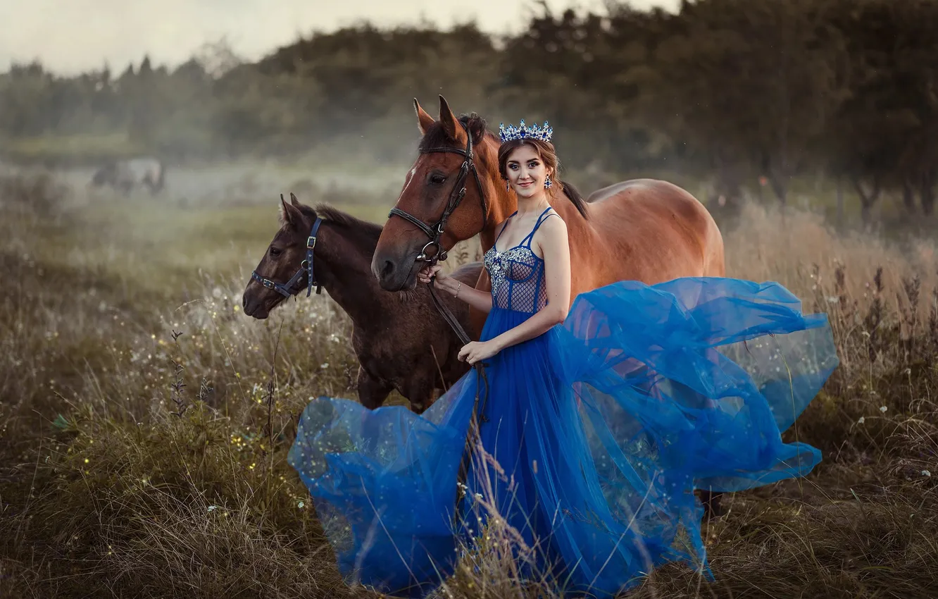 Photo wallpaper look, girl, pose, horse, horse, dress, Princess, Mila Agafonova