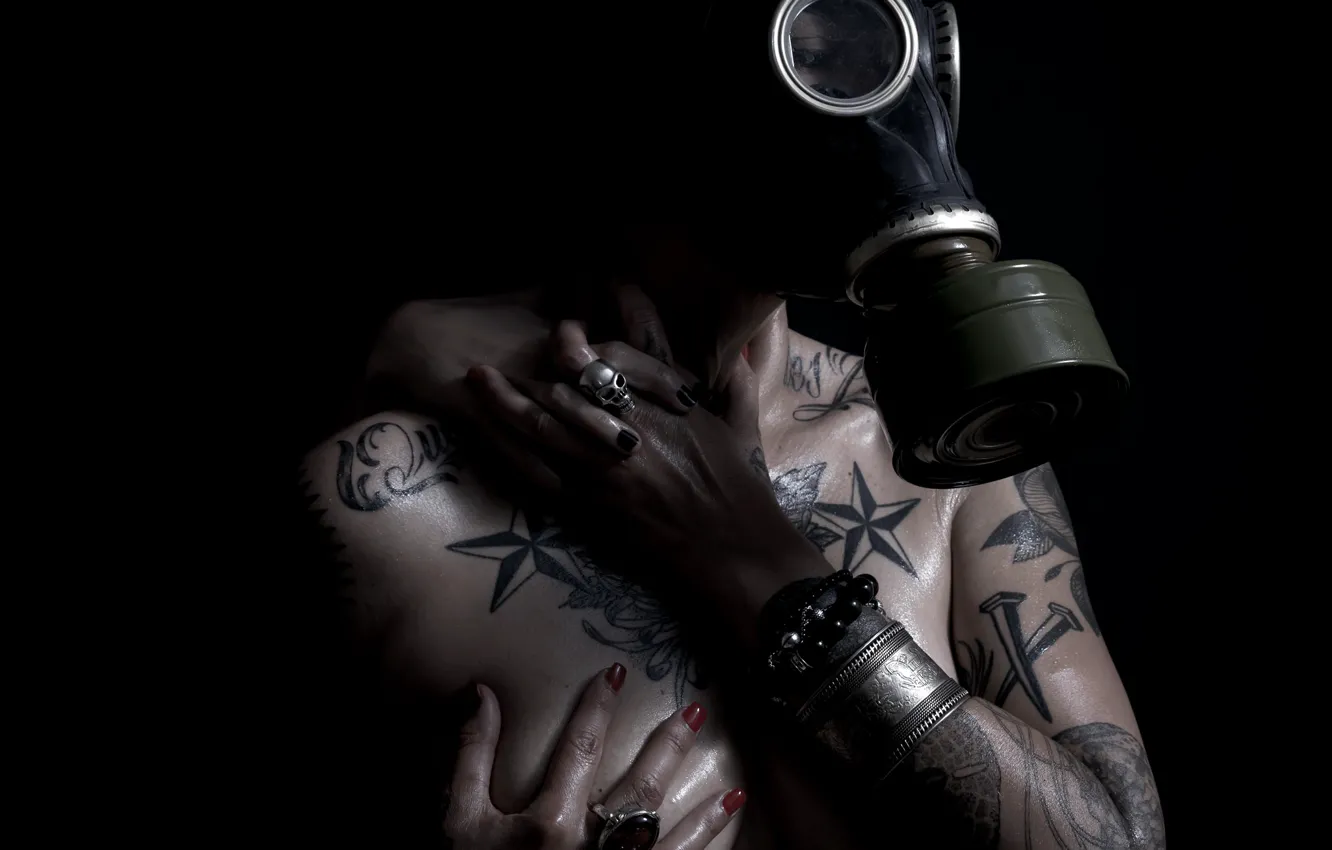 Photo wallpaper tattoo, girl, gas mask
