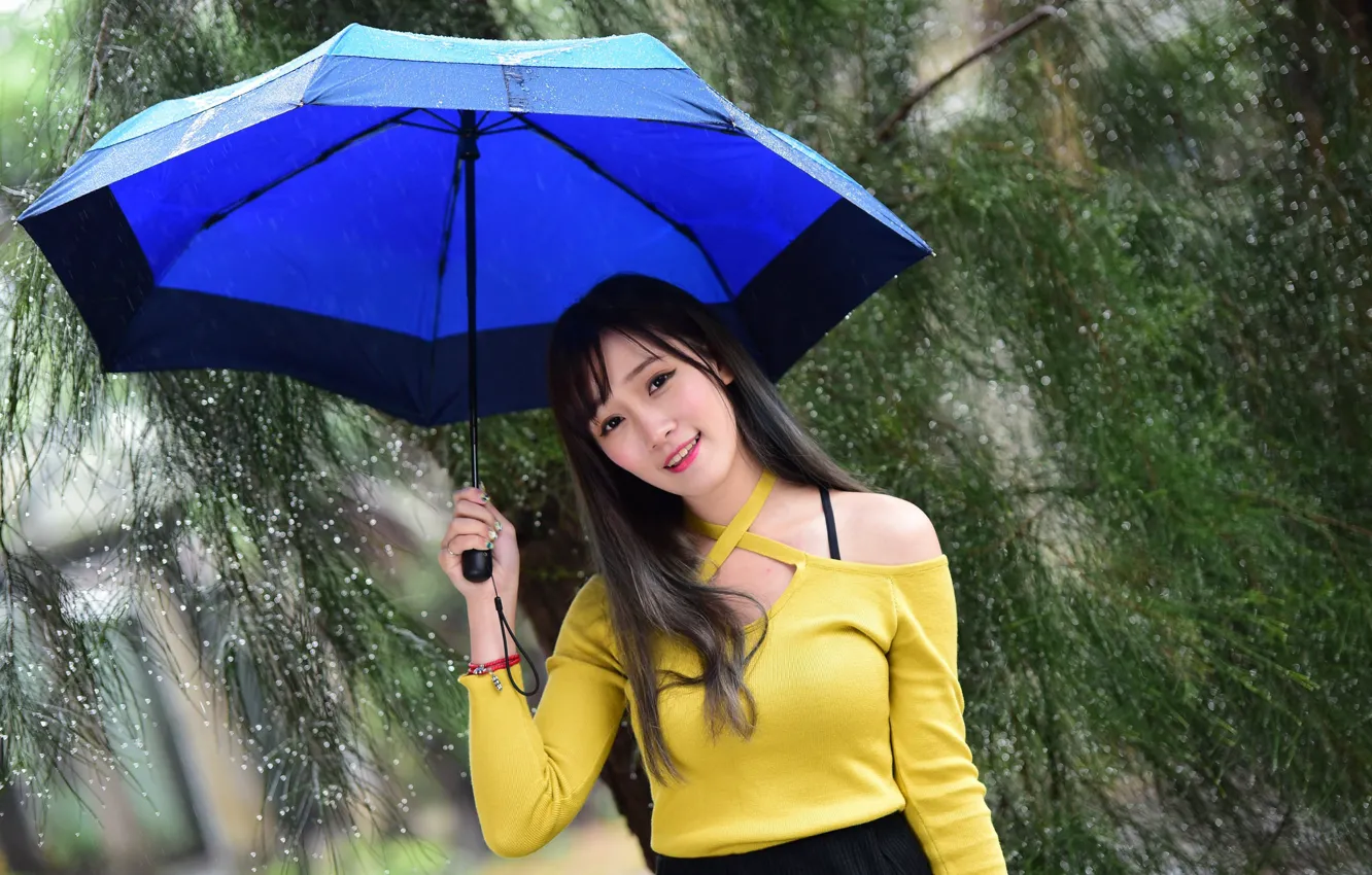 Photo wallpaper girl, smile, umbrella, rain