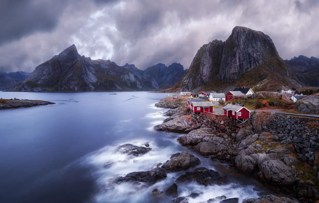 Photo wallpaper mountains, house, Lofoten