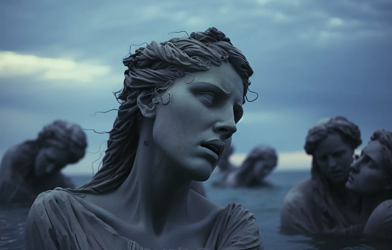 Photo wallpaper water, girl, clouds, sculpture, digital art, AI art, The Art of Artificial Intelligence, Greek sculptures