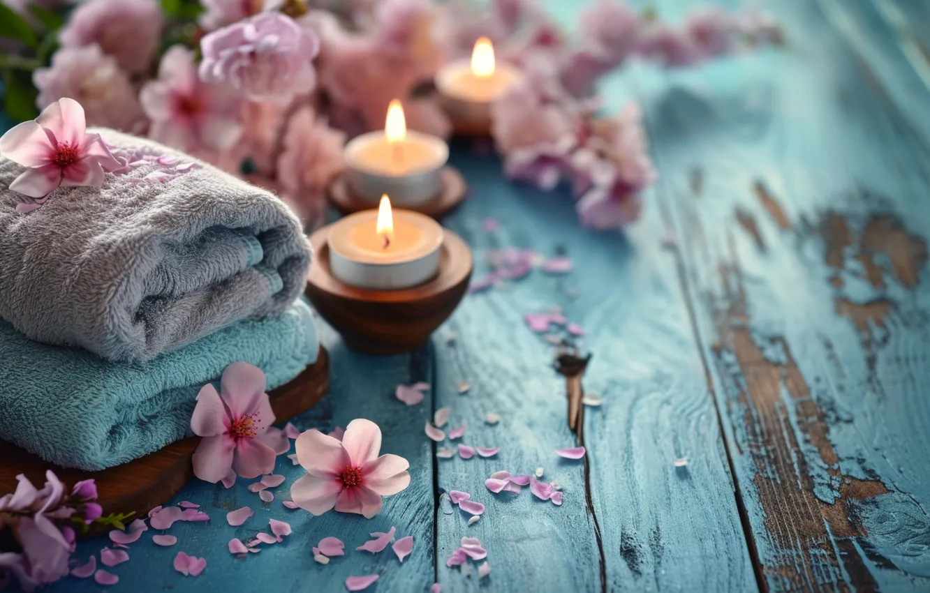Photo wallpaper flowers, towel, candles, AI art, neural network