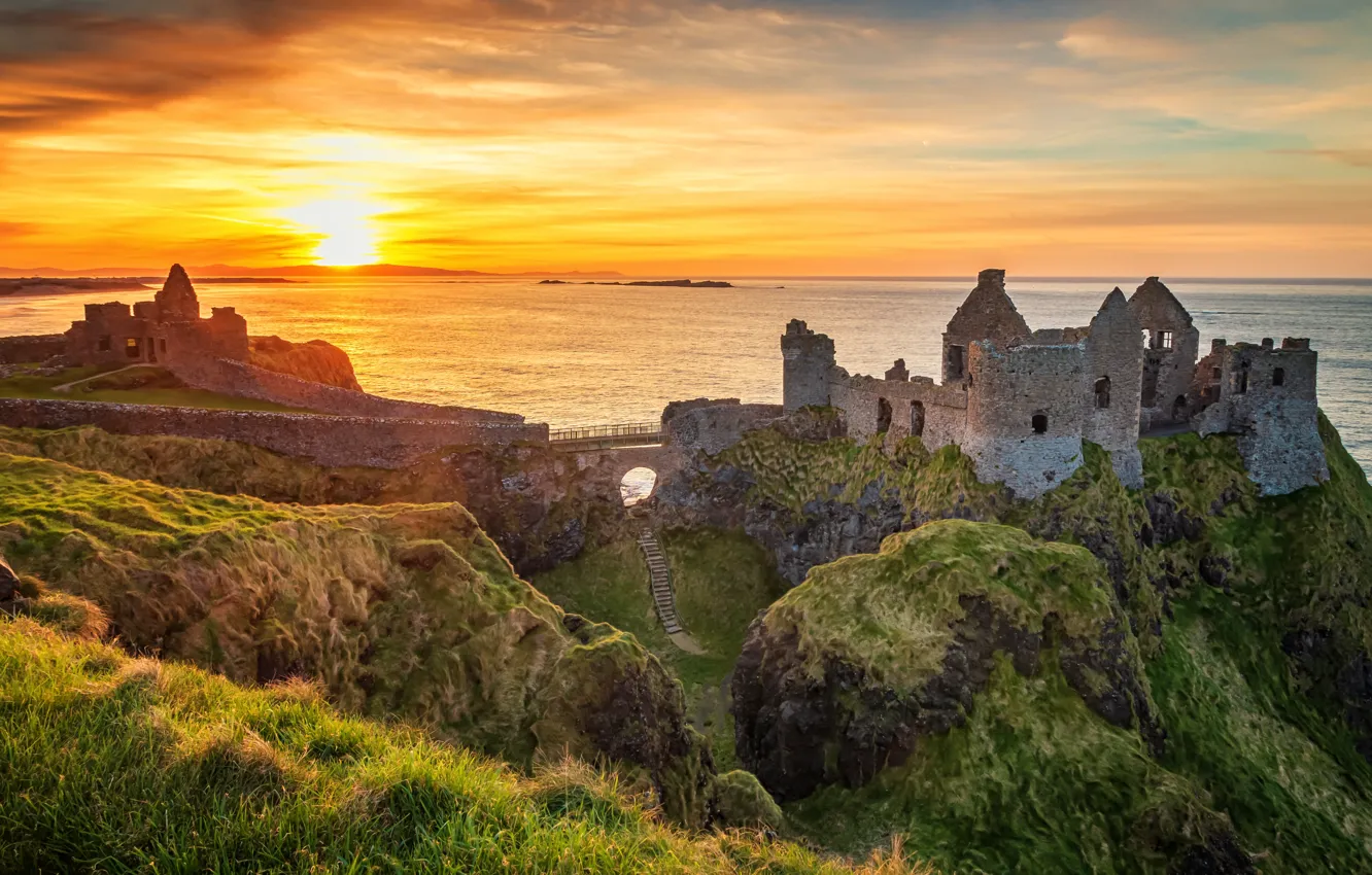 Photo wallpaper sea, landscape, sunset, nature, rocks, ruins, Ireland, Dunluce castle