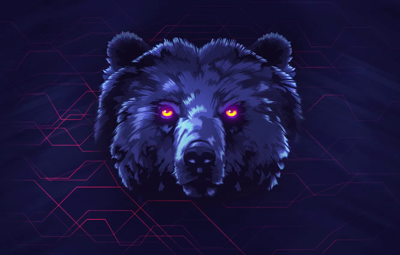 Photo wallpaper Bear, Background, Face, Neon, Animals, James White, Synth, Retrowave