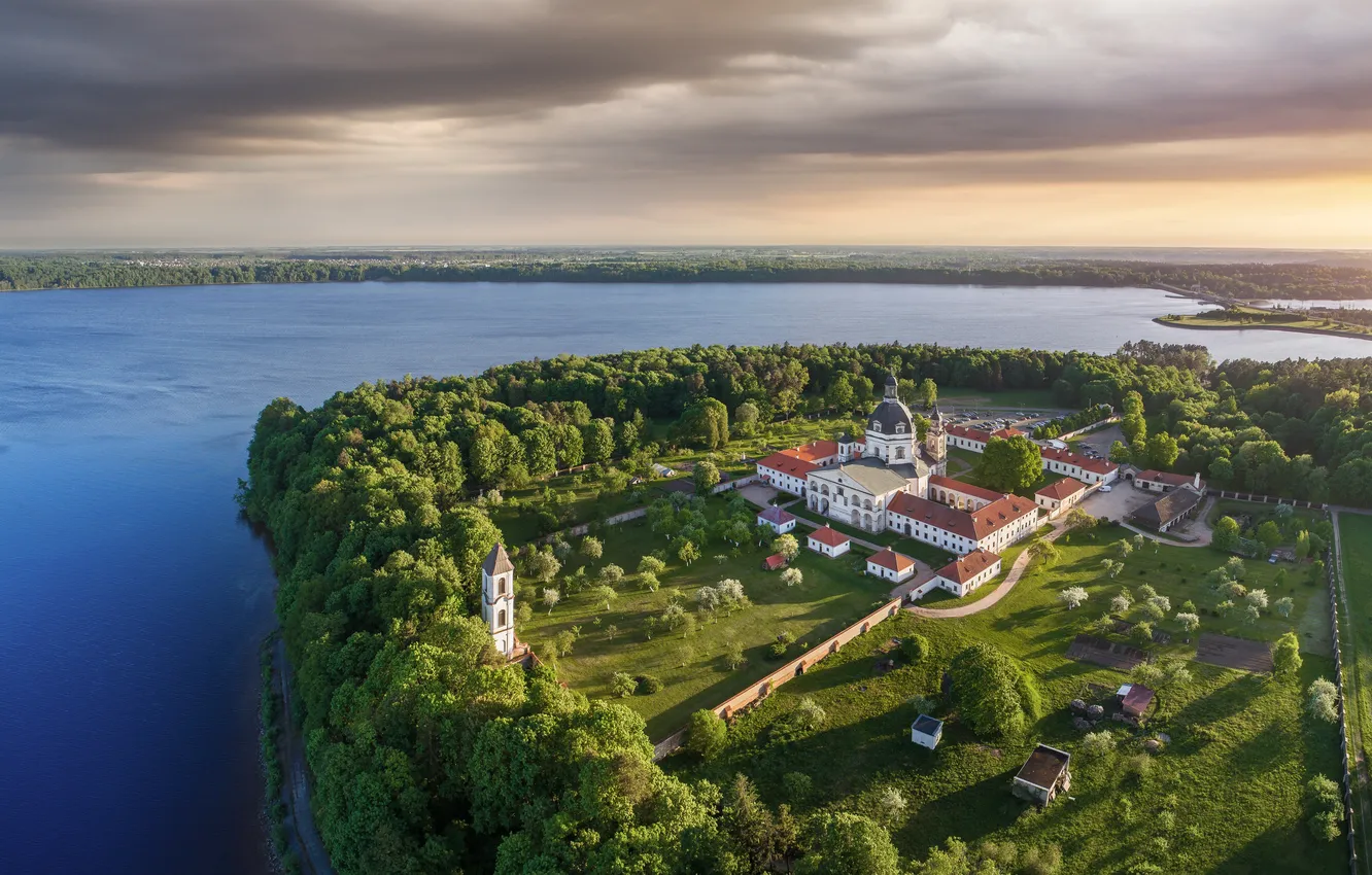 Photo wallpaper landscape, monastery, lagoon, landmark, Lithuania, lithuania, Kaunas