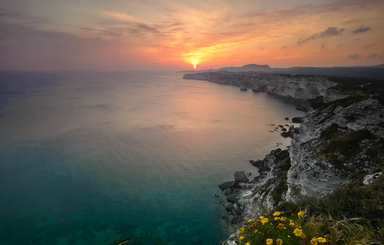 Photo wallpaper sea, the sky, water, the sun, sunset, nature, the ocean, rocks