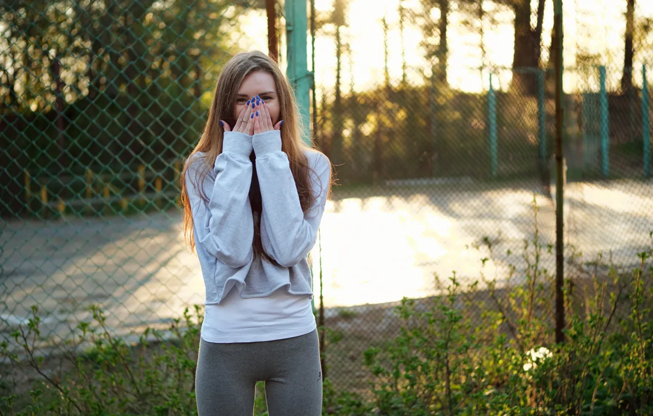 Photo wallpaper summer, look, girl, mesh, hair, the fence, hands, figure