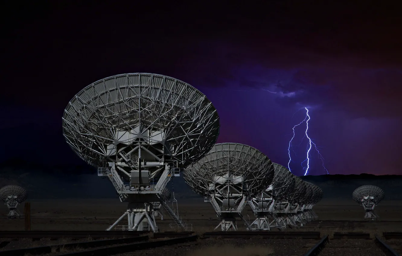 Photo wallpaper the sky, lightning, antenna, New Mexico, technology, radio telescope
