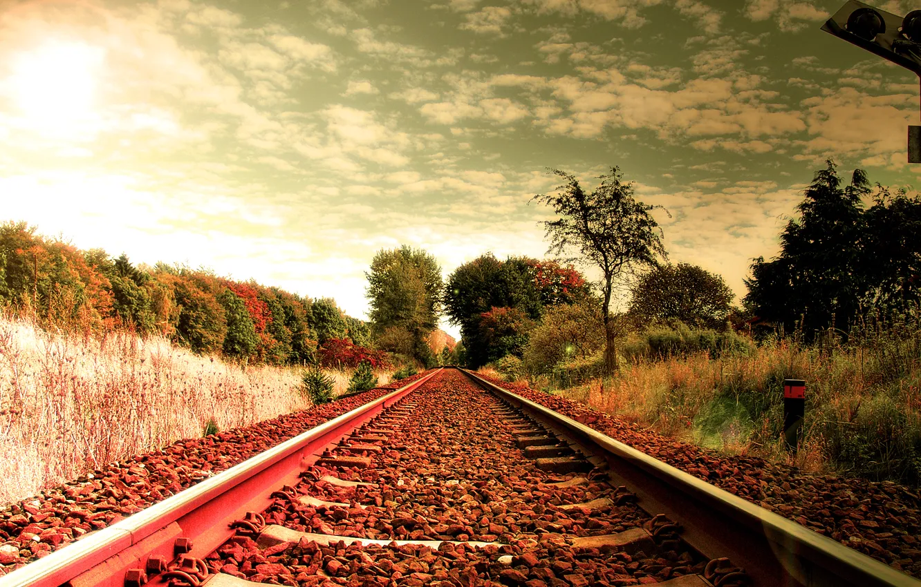 Photo wallpaper road, the sky, clouds, trees, stones, rails, crushed stone