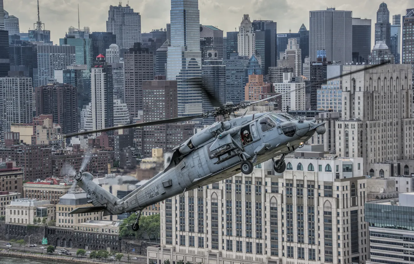 Photo wallpaper flight, the city, home, helicopter, skyscrapers, multipurpose, Sikorsky, UH-60