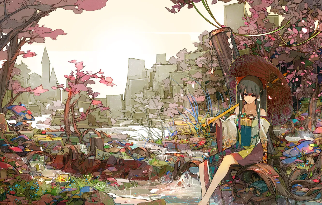 Photo wallpaper stream, umbrella, priestess, on the shore, barefoot girl, Autumn Park, the roofs of the houses