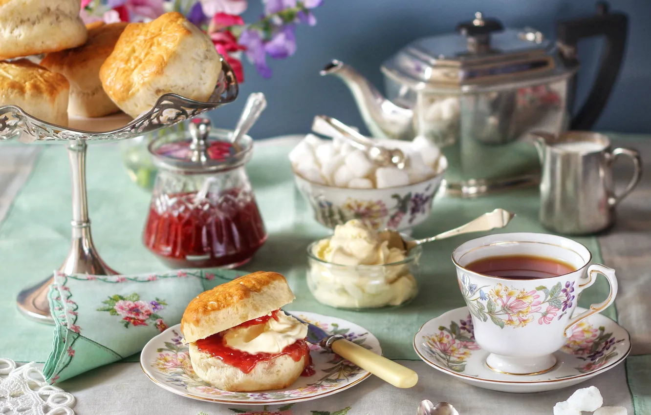 Photo wallpaper tea, Breakfast, kettle, Cup, sugar, jam, buns, cake