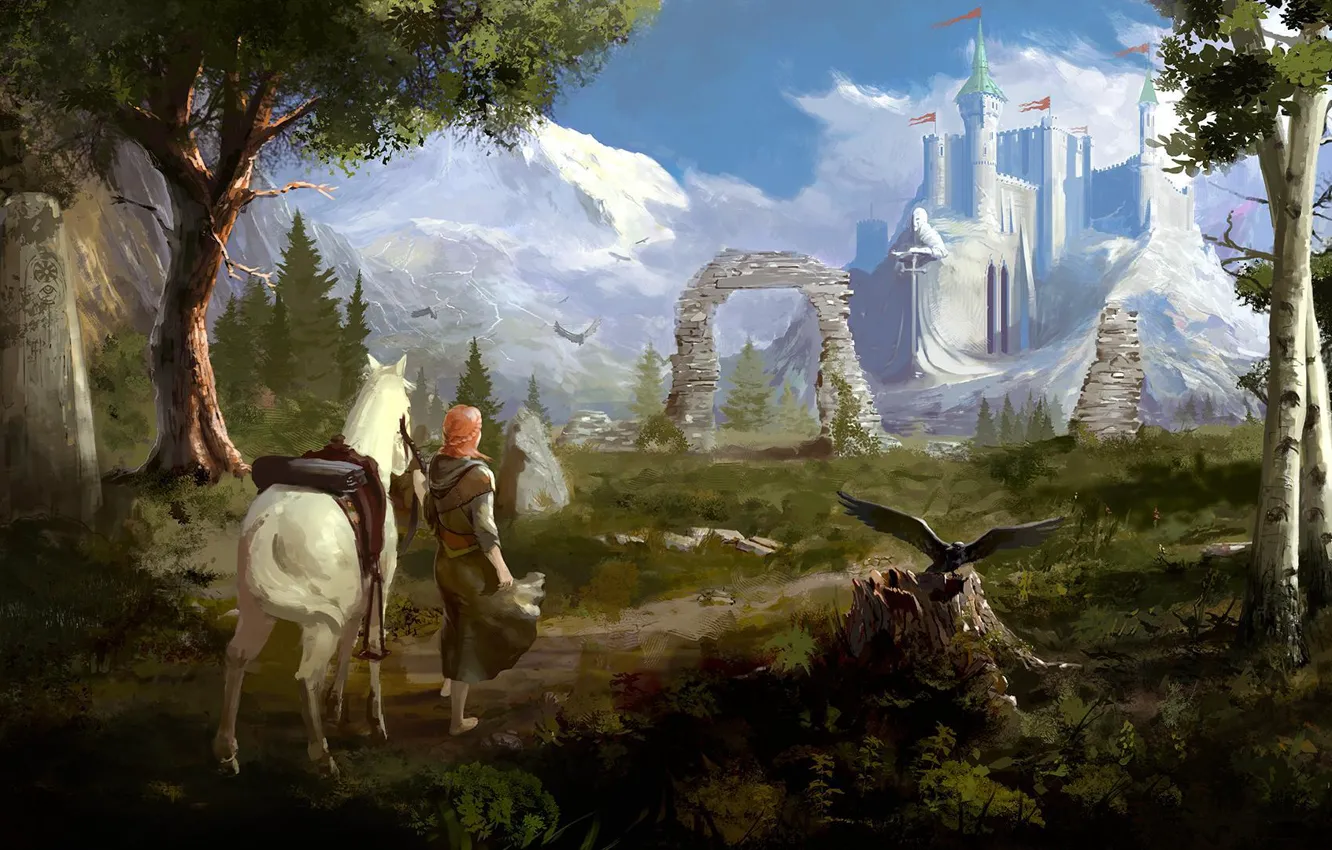 Photo wallpaper look, girl, trees, landscape, mountains, green, castle, bird