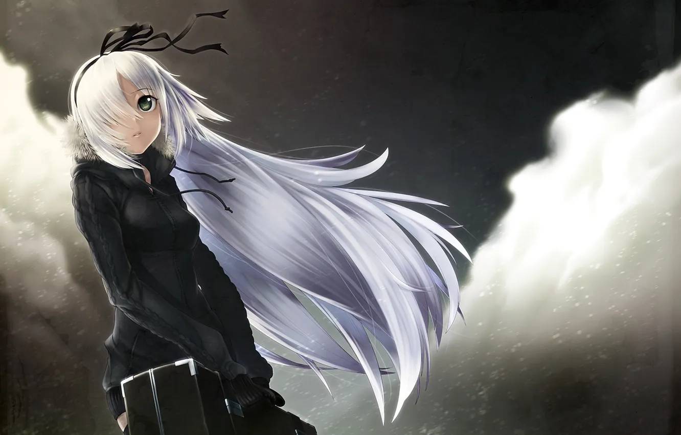 Photo wallpaper girl, clouds, the wind, art, tape, suitcase, foot