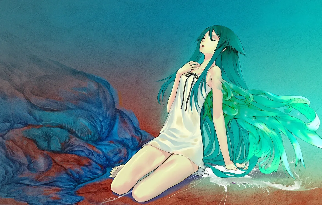 Photo wallpaper girl, abstraction, wings, art, blots, ears, sitting, Song of Saya