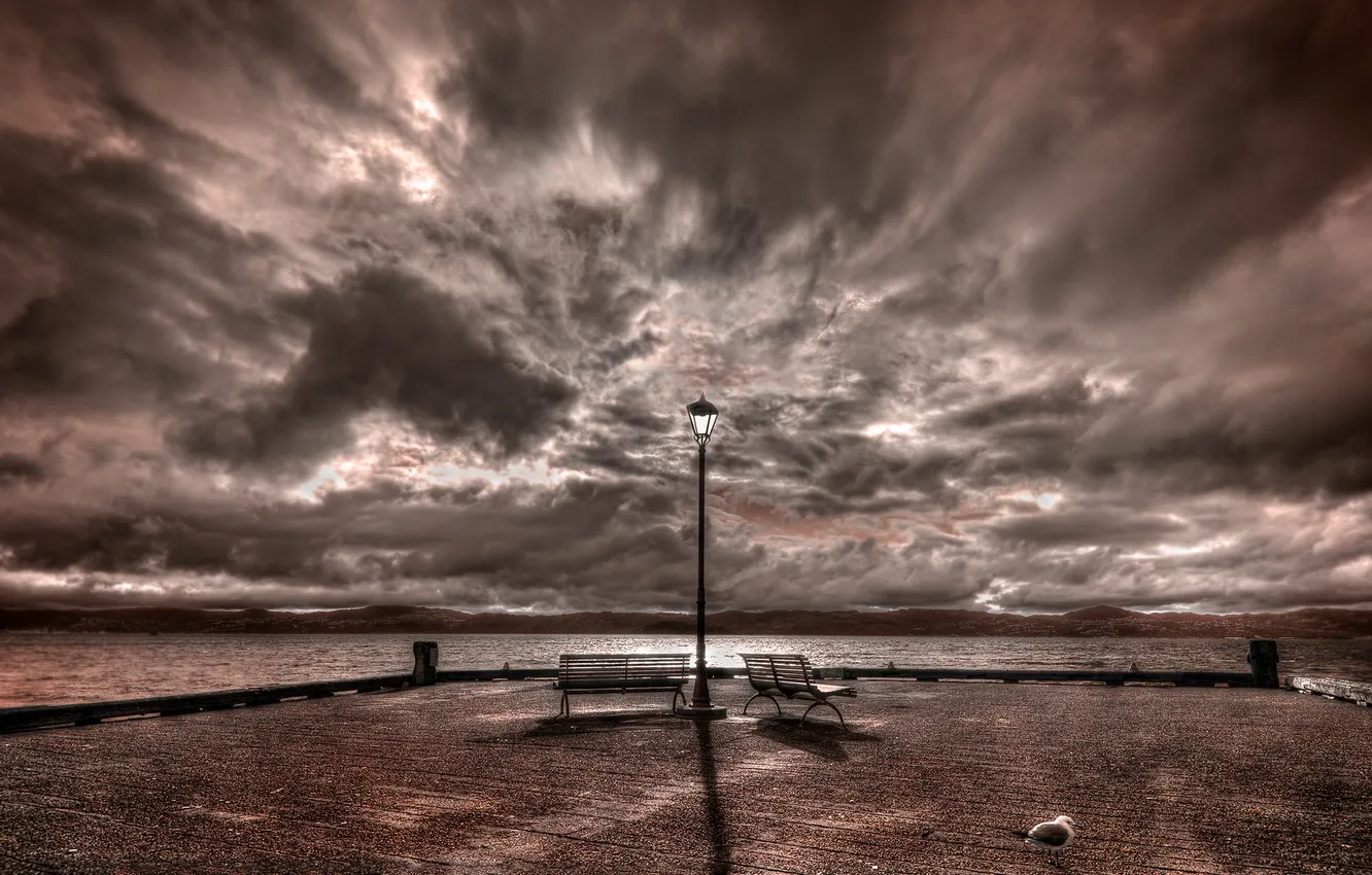 Photo wallpaper sky, landscape, bench, rona bay