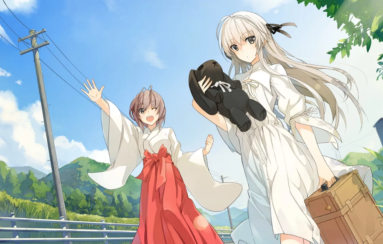 Photo wallpaper girl, joy, toy, suitcase, Amatsume Akira, power lines, kasugano sora, yosuga no sora