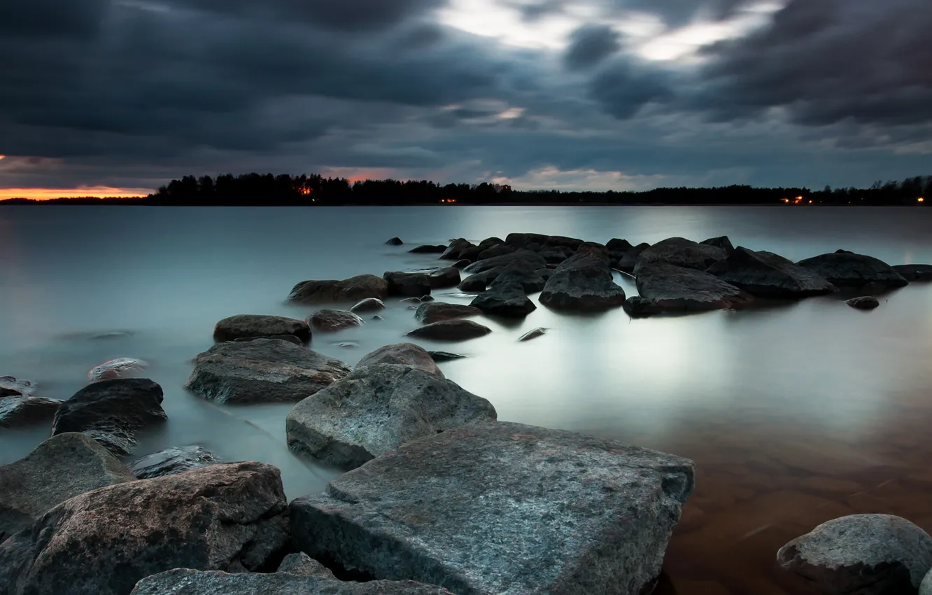 Photo wallpaper night, lake, stones