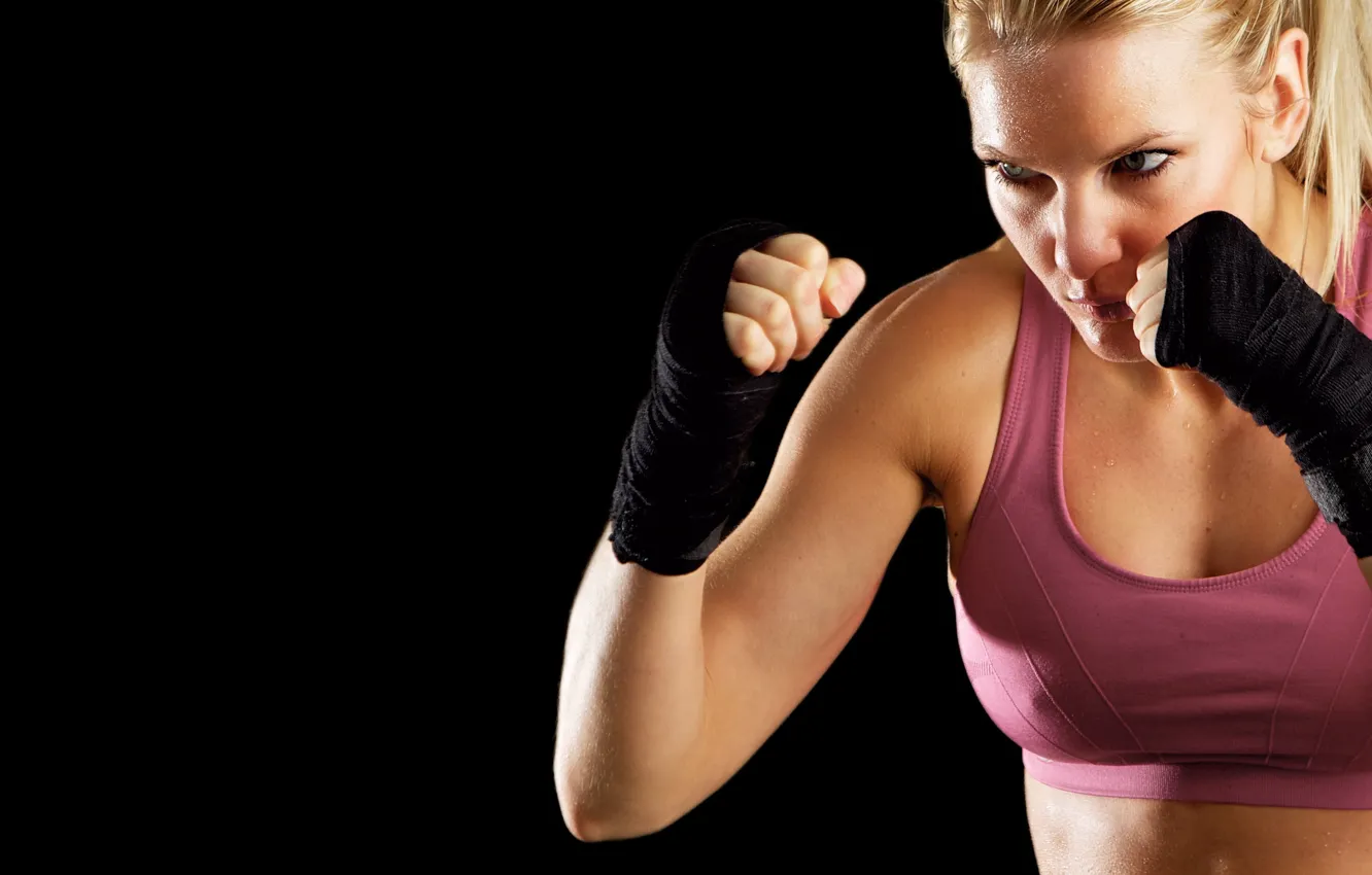 Photo wallpaper pose, figure, blonde, fighter, fighter, fist, stand, background black