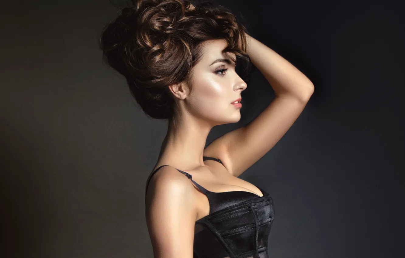 Photo wallpaper girl, face, background, makeup, hairstyle, profile