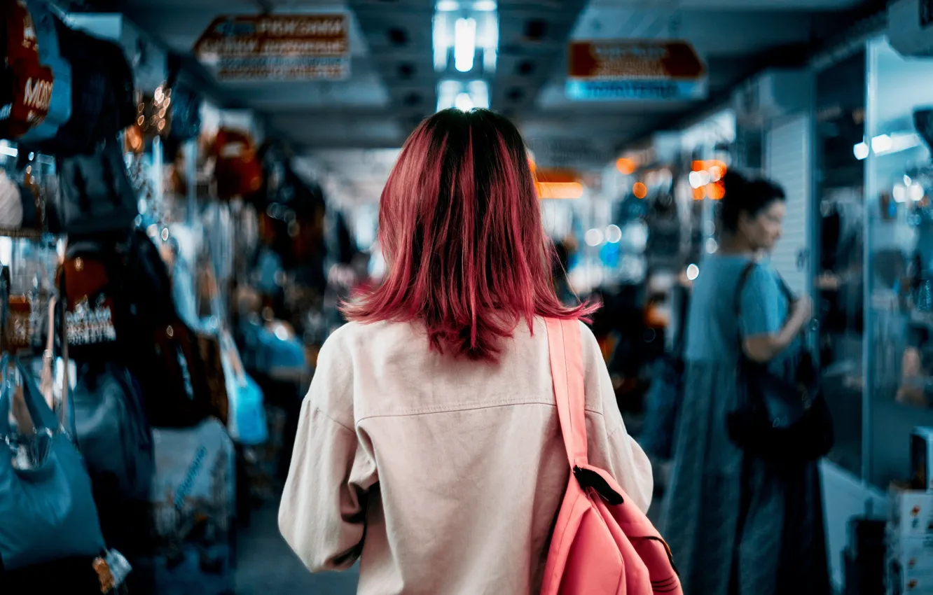 Photo wallpaper girl, back, color, pink hair