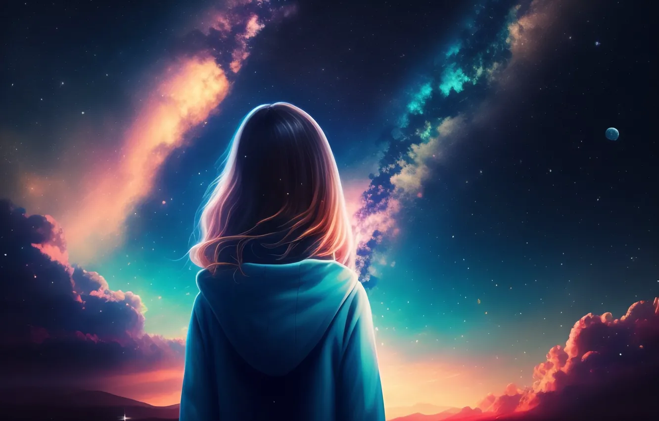 Photo wallpaper girl, space, stars, the universe, hair, galaxy, back, digital art