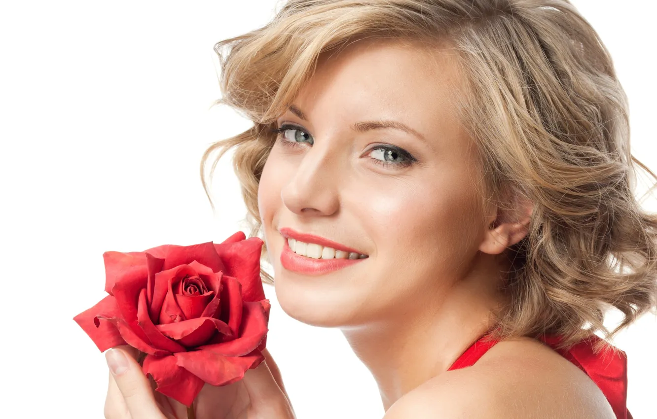 Photo wallpaper girl, smile, model, portrait, makeup, blonde, white background, red rose