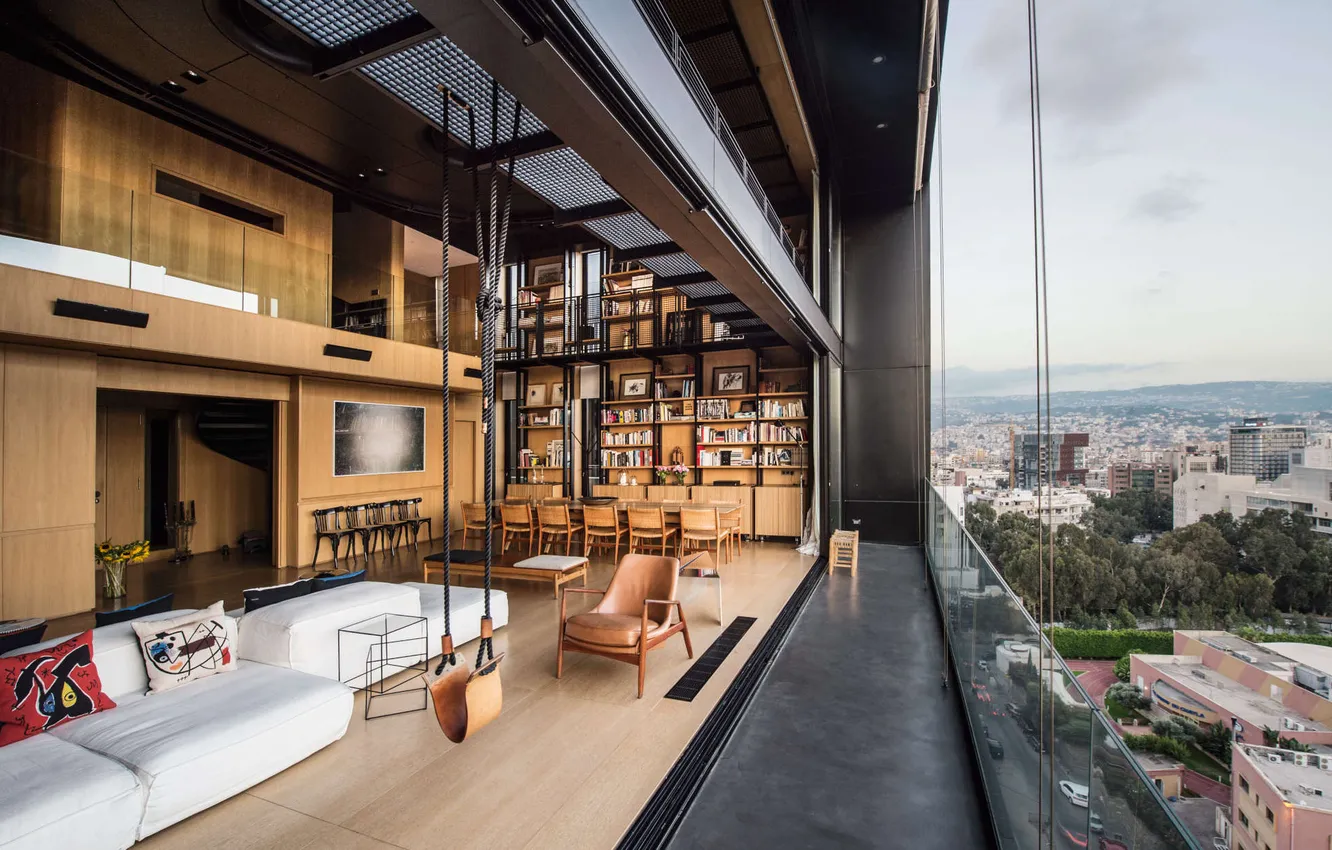 Photo wallpaper design, style, interior, library, living room, dining room, duplex apartment, bookshelves