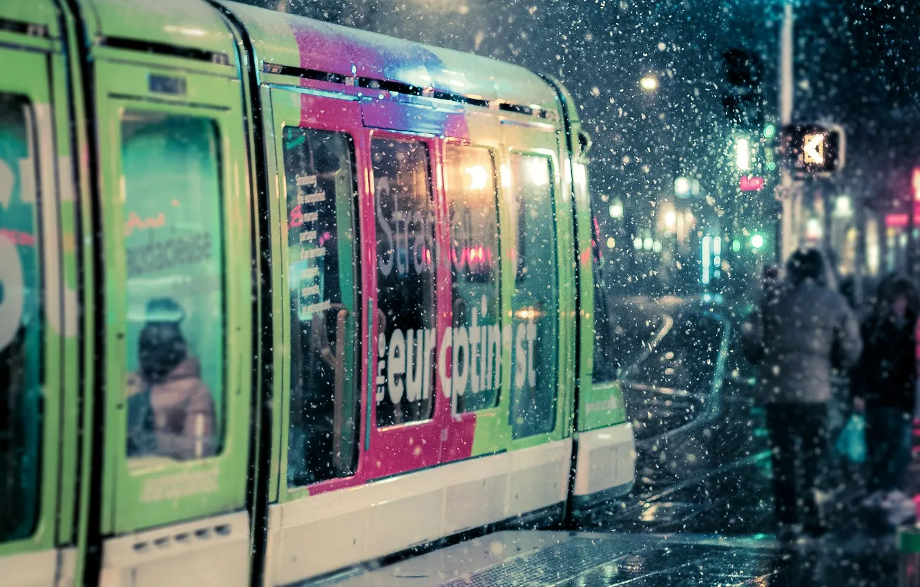 Photo wallpaper light, snow, the city, the evening, tram, snowfall