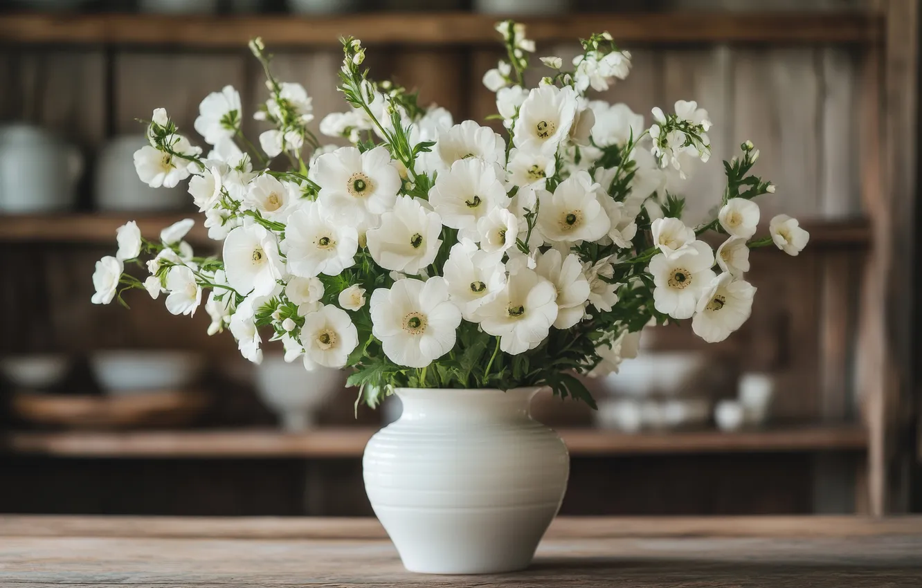 Photo wallpaper flowers, Board, bouquet, vase, wardrobe, white, bokeh, anemones