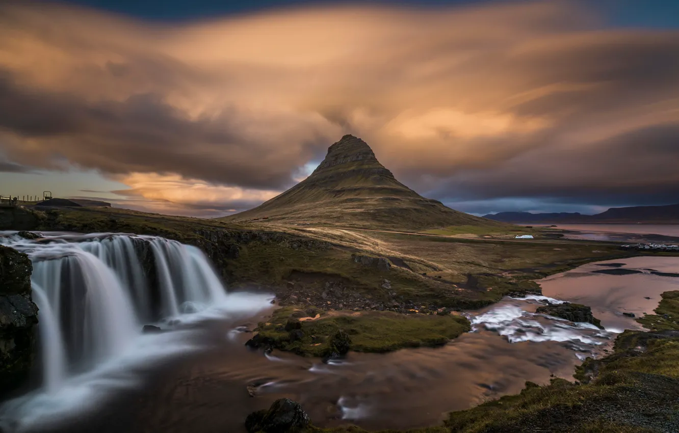 Photo wallpaper water, clouds, rocks, stream, waterfalls, Iceland, mountain Kirkjufell
