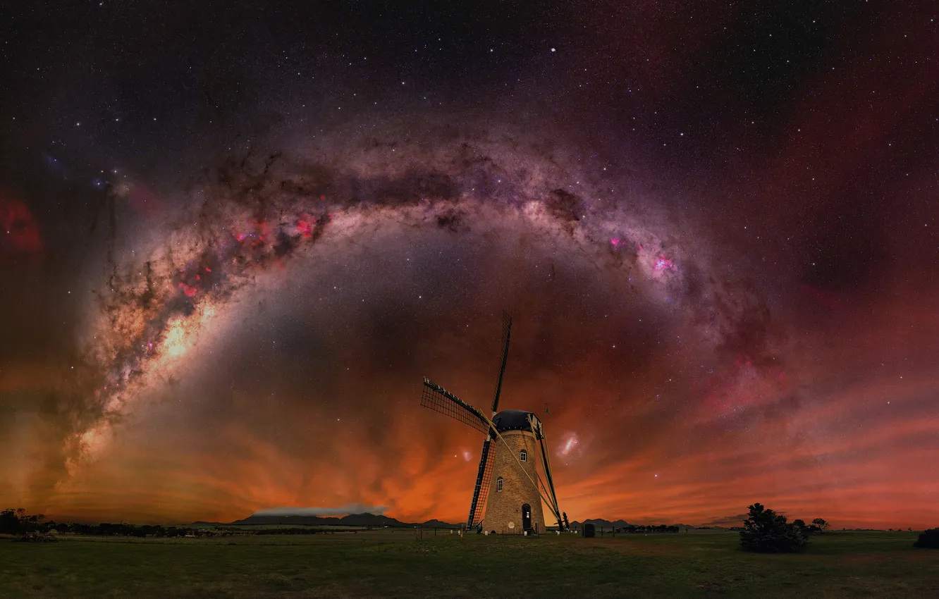 Photo wallpaper field, the sky, space, stars, light, sunset, night, the milky way