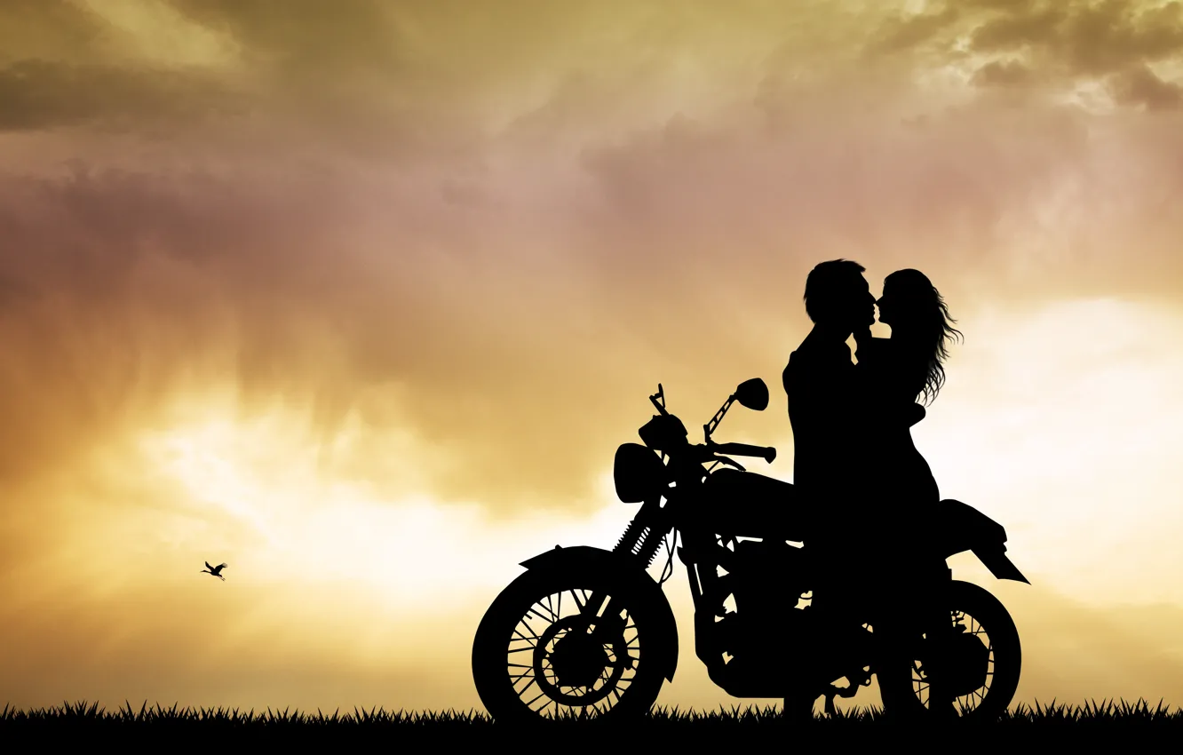 Photo wallpaper summer, mood, romance, the evening, blur, silhouette, motorcycle, bike