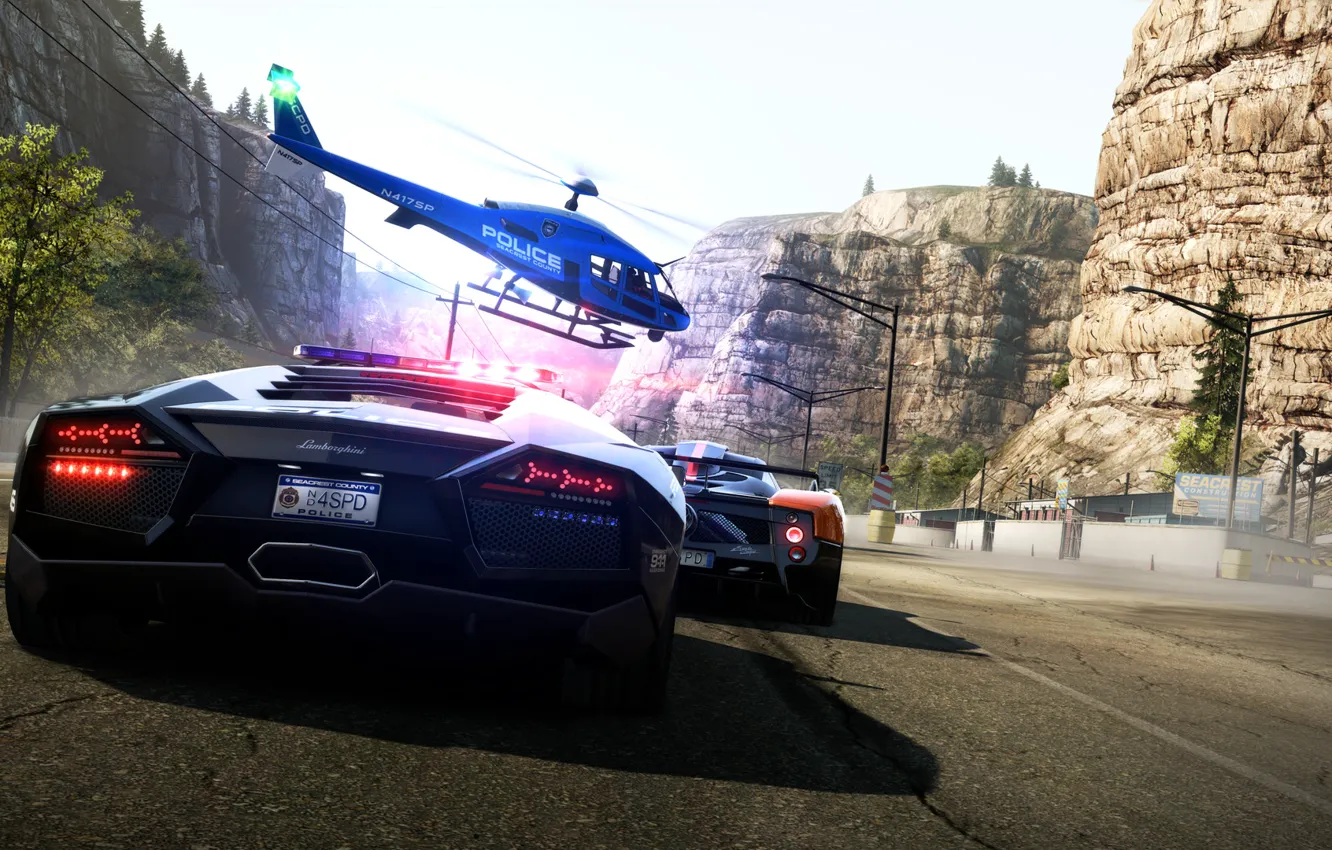 Photo wallpaper mountains, machine, race, track, helicopter, Hot Pursuit, Need For Speed