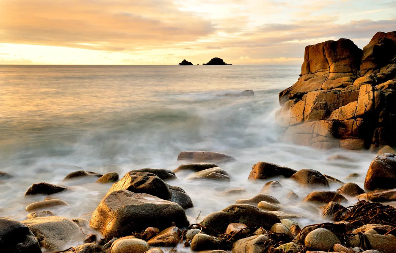 Photo wallpaper wave, the sky, water, landscape, stones, the ocean, rocks, horizon