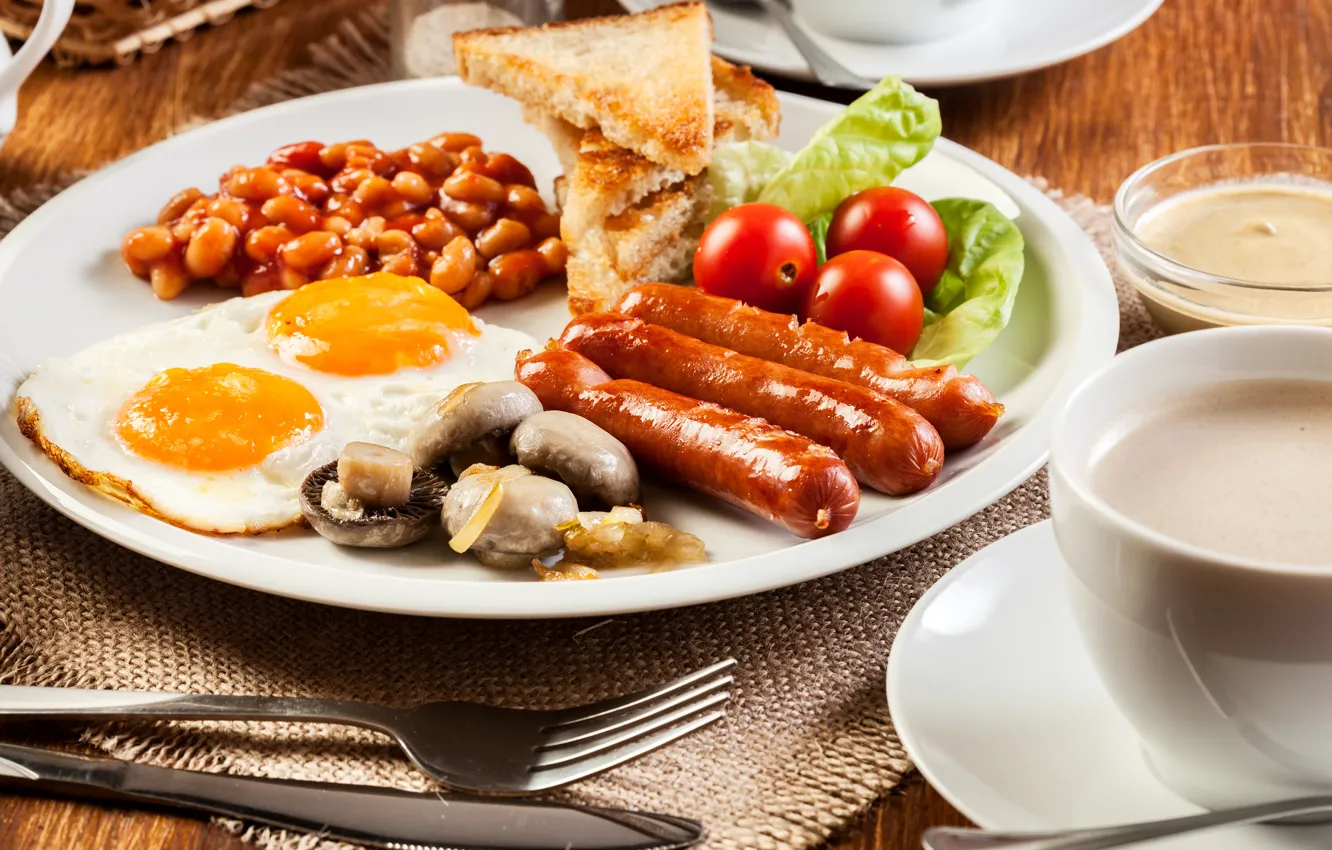 Photo wallpaper mushrooms, sausage, food, plate, bread, scrambled eggs, vegetables