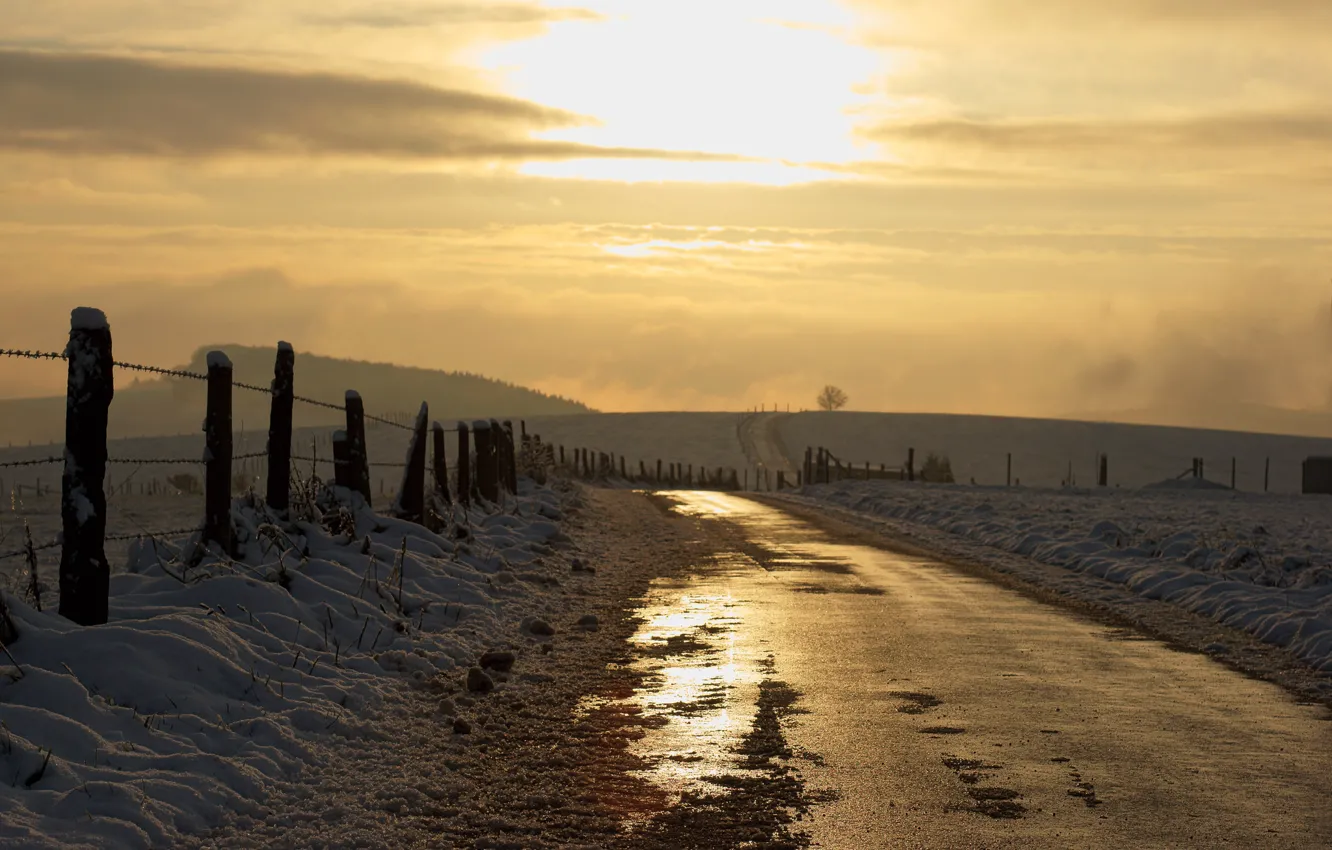 Photo wallpaper road, light, snow