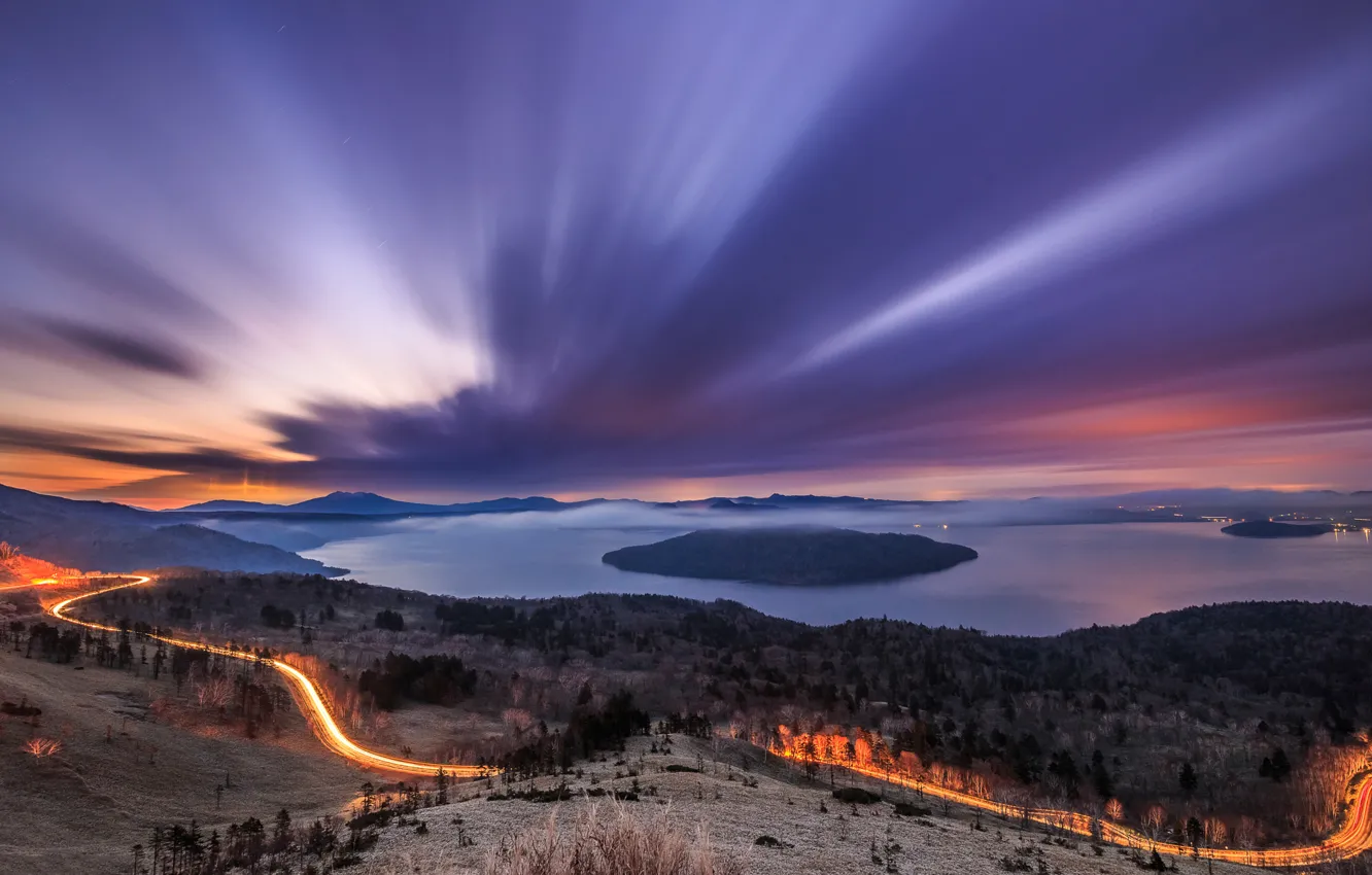 Photo wallpaper winter, snow, trees, sunset, track